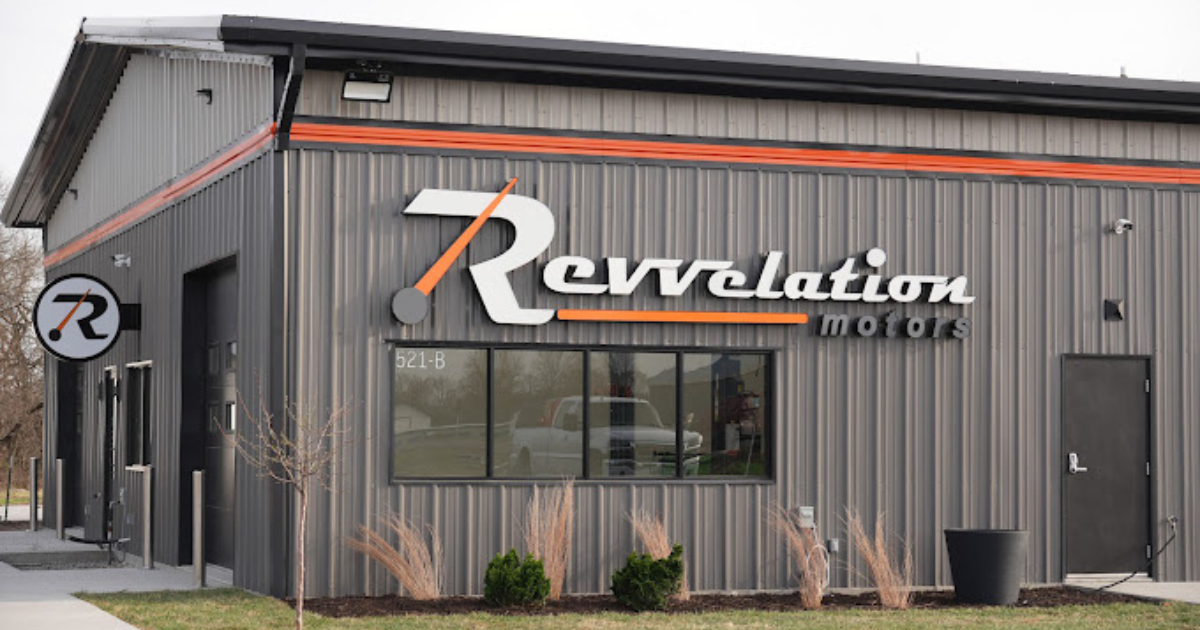 Exterior of Revvelation Motors automotive facility, touchless equipment and showroom in Lone Jack Missouri