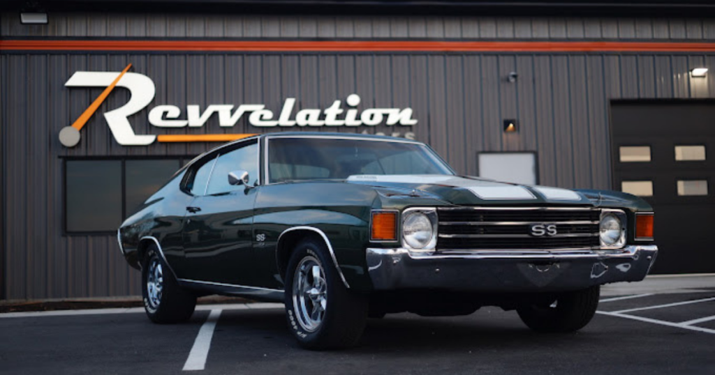 Classic Green Chevrolet Chevelle SS parked in front of Revvelation Motors in Lone Jack Missouri
